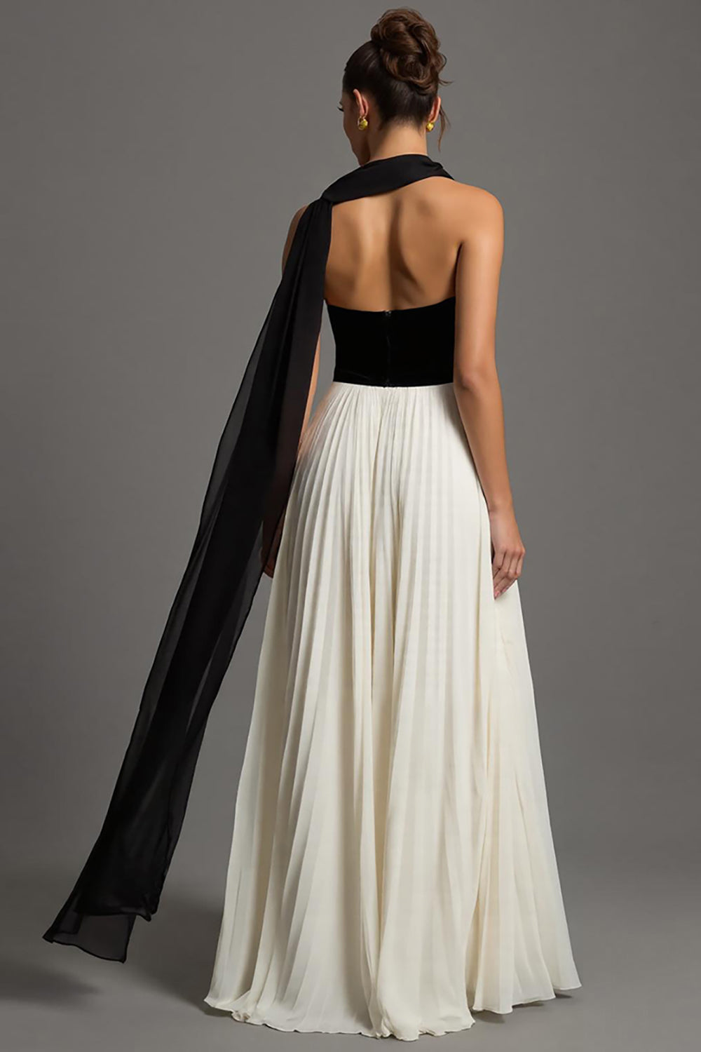 Black and White Chiffon A Line Neck Scarf Pleated Maxi Formal Dress