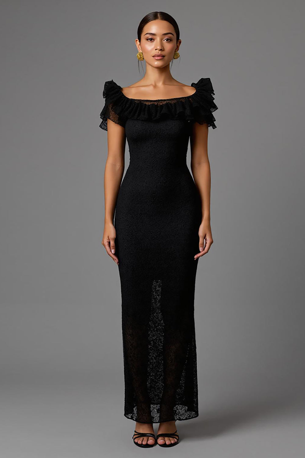 Maxi Black Sheath Lace Boat Neck Formal Dress with Ruffles