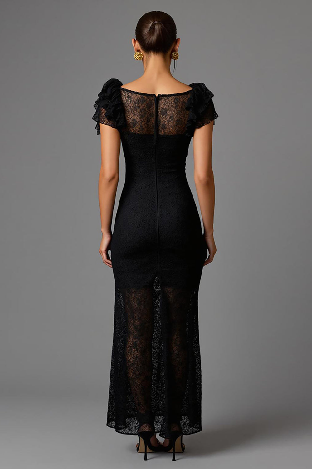 Maxi Black Sheath Lace Boat Neck Formal Dress with Ruffles