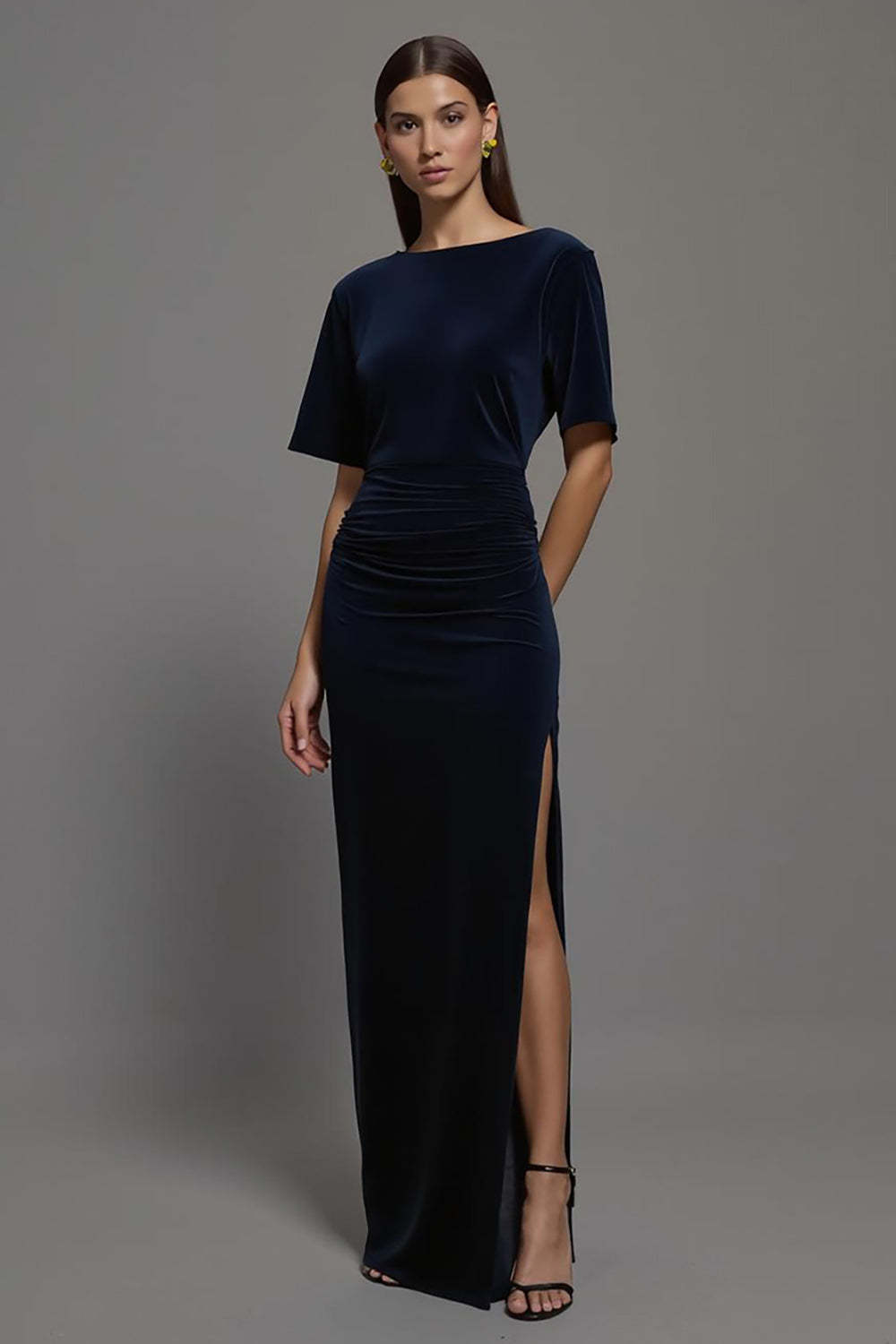Leely Women Navy Sheath Velvet Maxi Formal Dress with Slit Ruched Bateau Neck Short Sleeves Holiday Party Dress