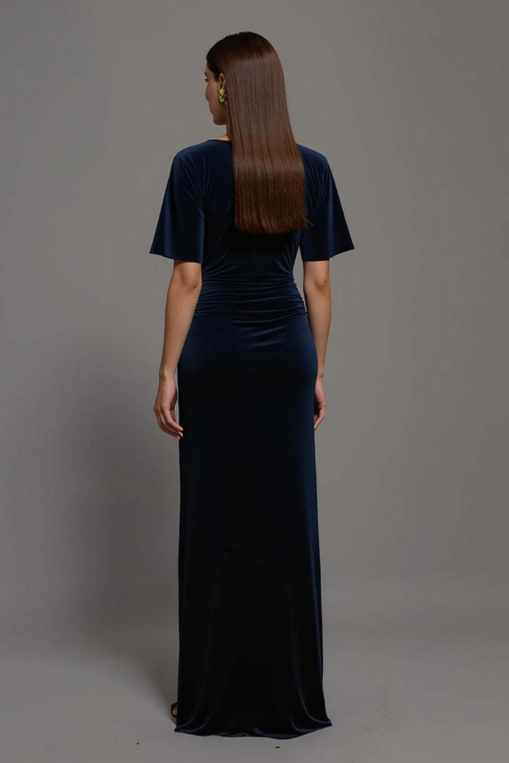 Navy Maxi Velvet Sheath Bateau Neck Formal Dress with Slit