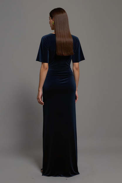 Navy Maxi Velvet Sheath Bateau Neck Formal Dress with Slit