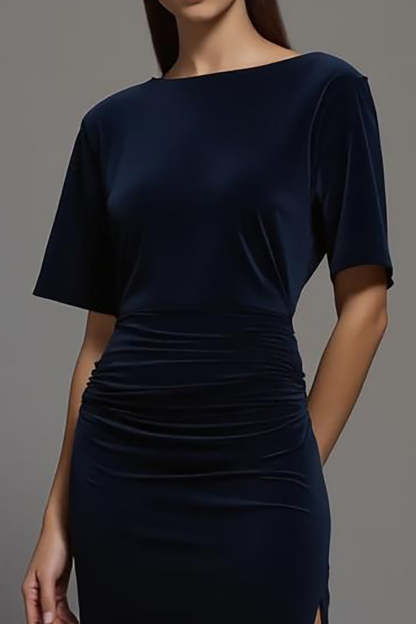 Navy Maxi Velvet Sheath Bateau Neck Formal Dress with Slit