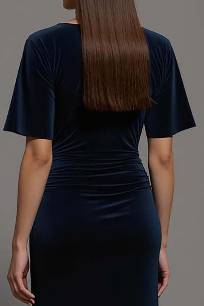 Navy Maxi Velvet Sheath Bateau Neck Formal Dress with Slit