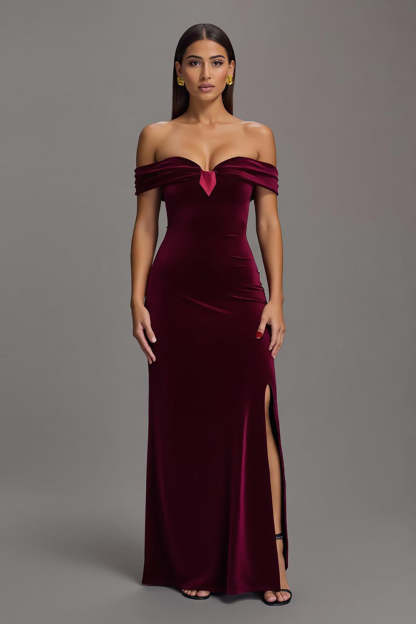 Leely Women Burgundy Velvet Sheath Maxi Formal Dress with Slit Off the Shoulder Holiday Party Dress