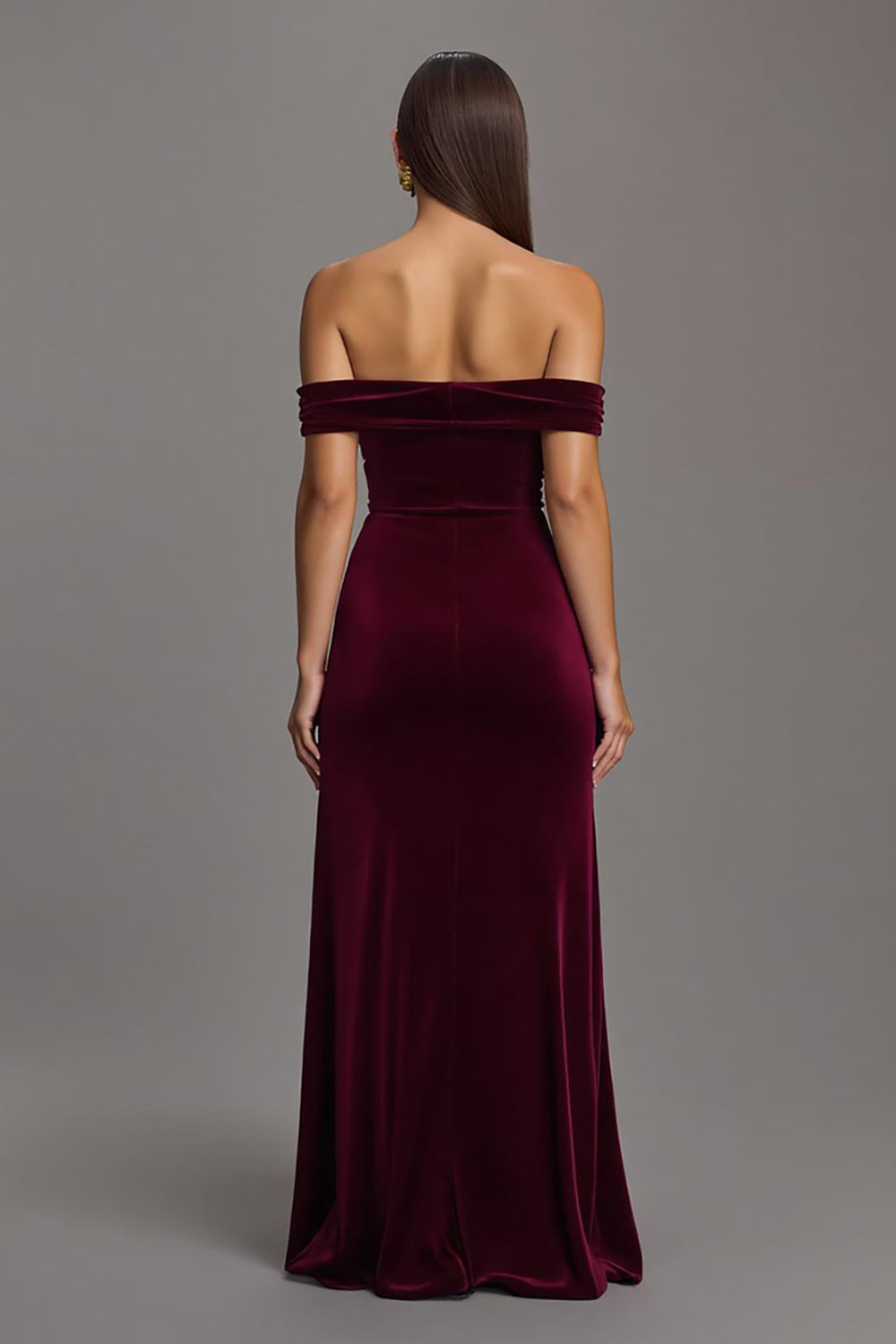Maxi Burgundy Velvet Sheath Off the Shoulder Formal Dress with Slit