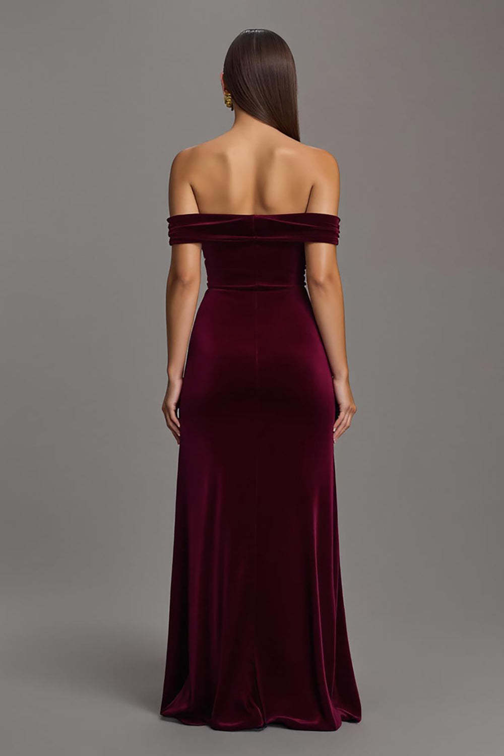 Maxi Burgundy Velvet Sheath Off the Shoulder Formal Dress with Slit