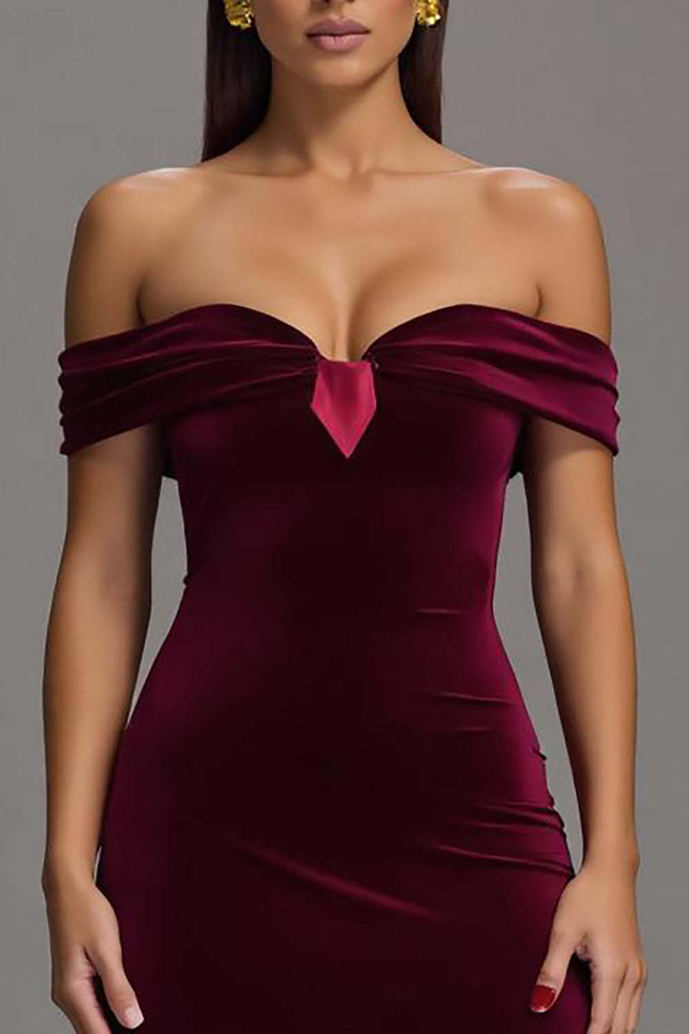 Maxi Burgundy Velvet Sheath Off the Shoulder Formal Dress with Slit