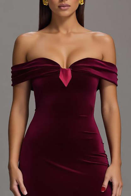 Maxi Burgundy Velvet Sheath Off the Shoulder Formal Dress with Slit