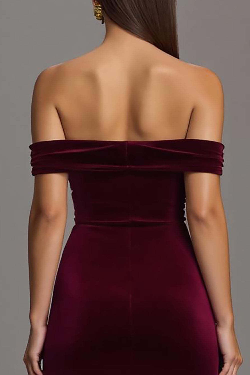 Maxi Burgundy Velvet Sheath Off the Shoulder Formal Dress with Slit