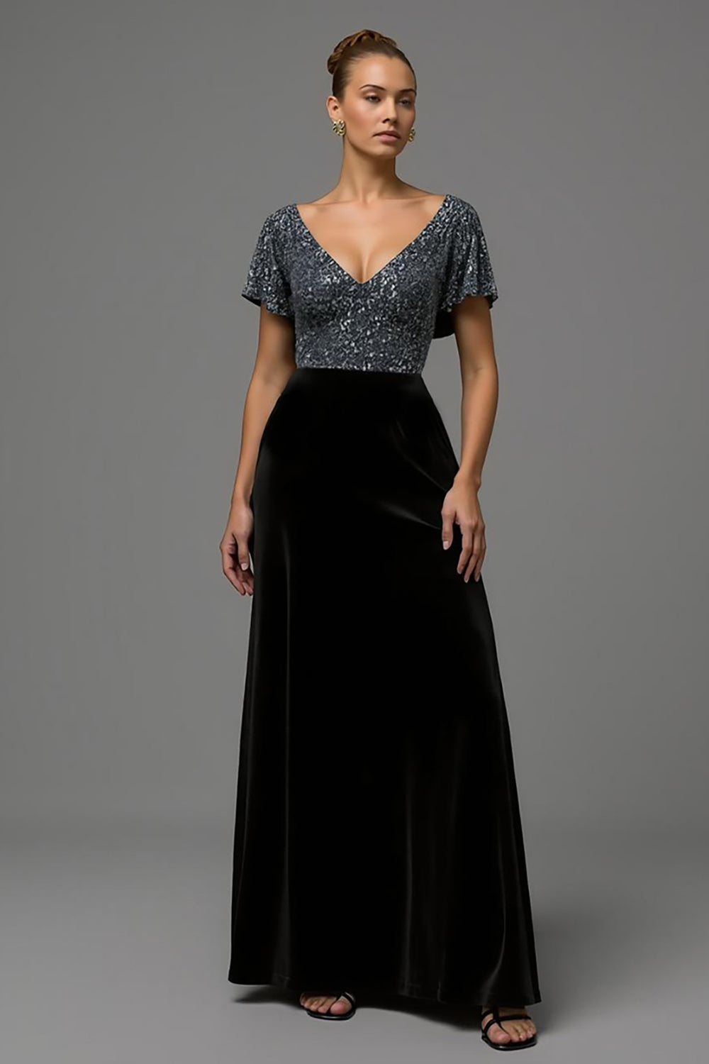 Glitter Black and Grey A Line Velvet V Neck Maxi Formal Dress