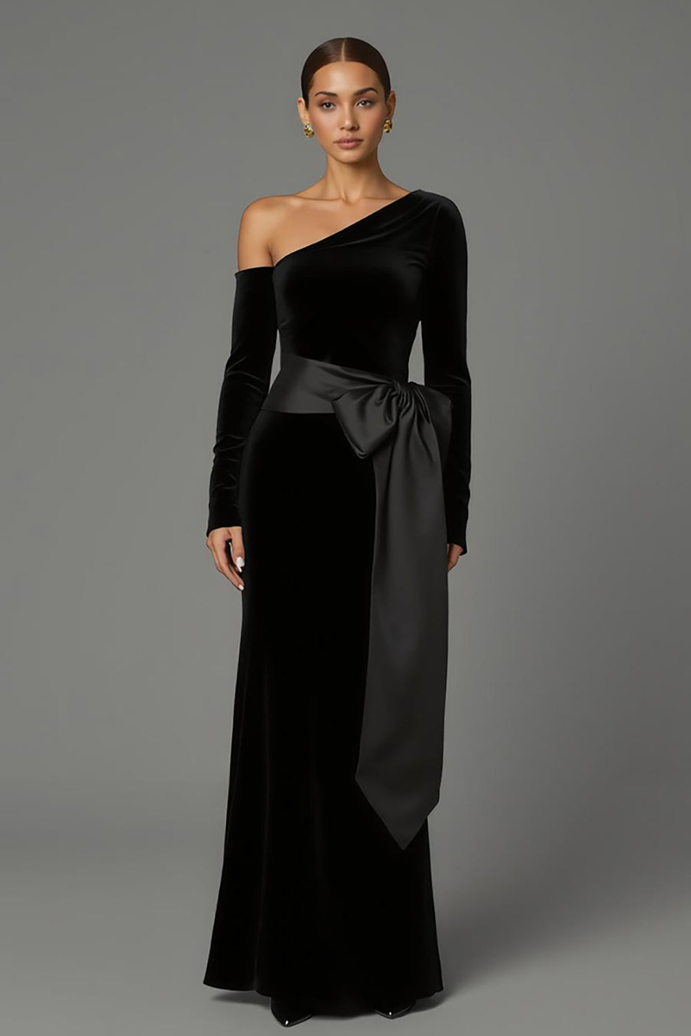 Black One Shoulder Long Sleeves Sheath Velvet Holiday Party Dress with Bow
