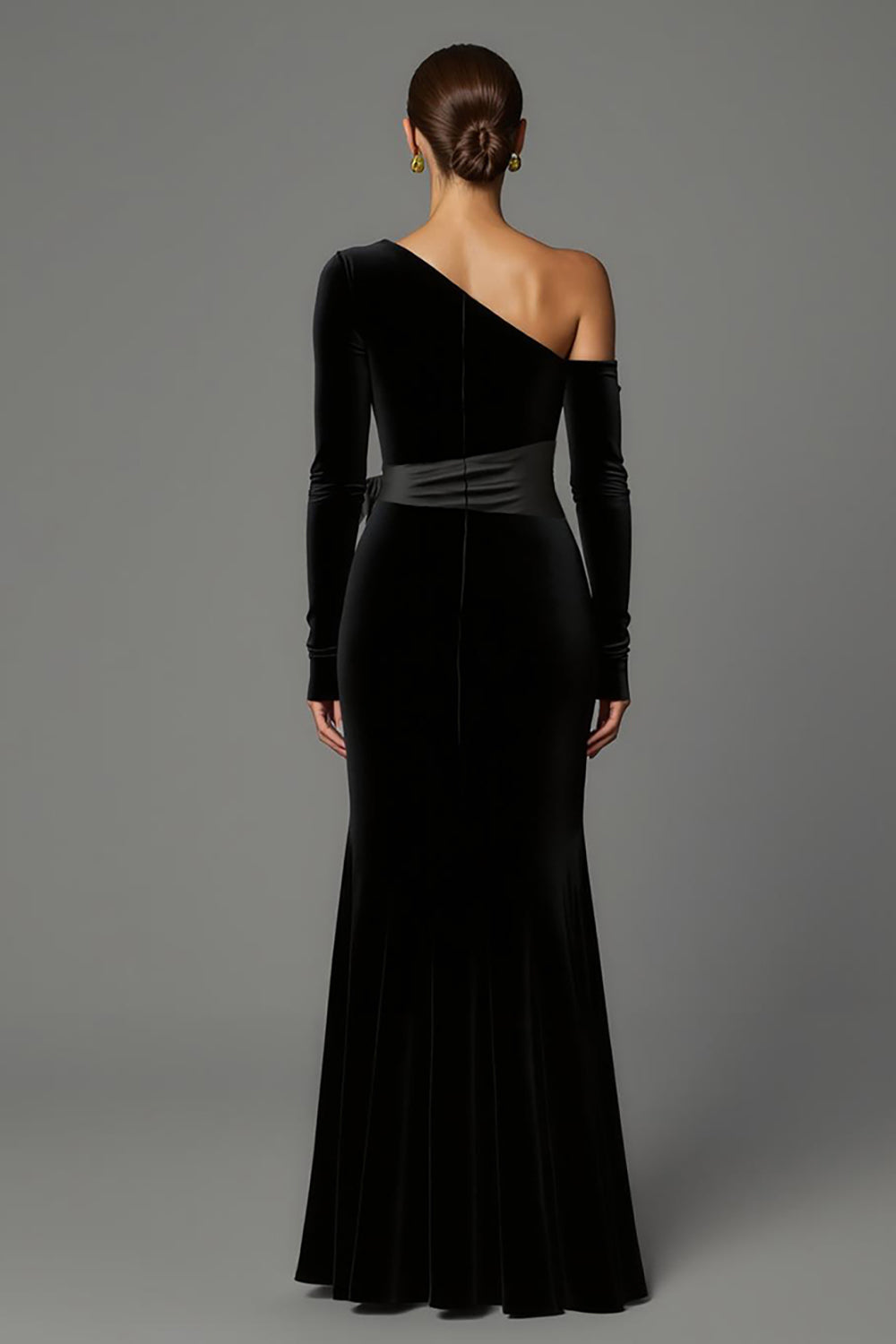 Black One Shoulder Long Sleeves Sheath Velvet Holiday Party Dress with Bow