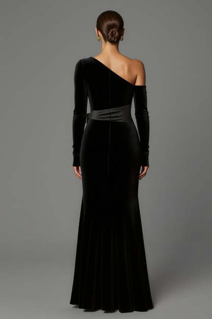 Black One Shoulder Long Sleeves Sheath Velvet Holiday Party Dress with Bow