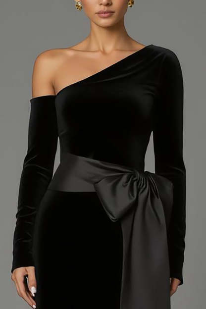Black One Shoulder Long Sleeves Sheath Velvet Holiday Party Dress with Bow