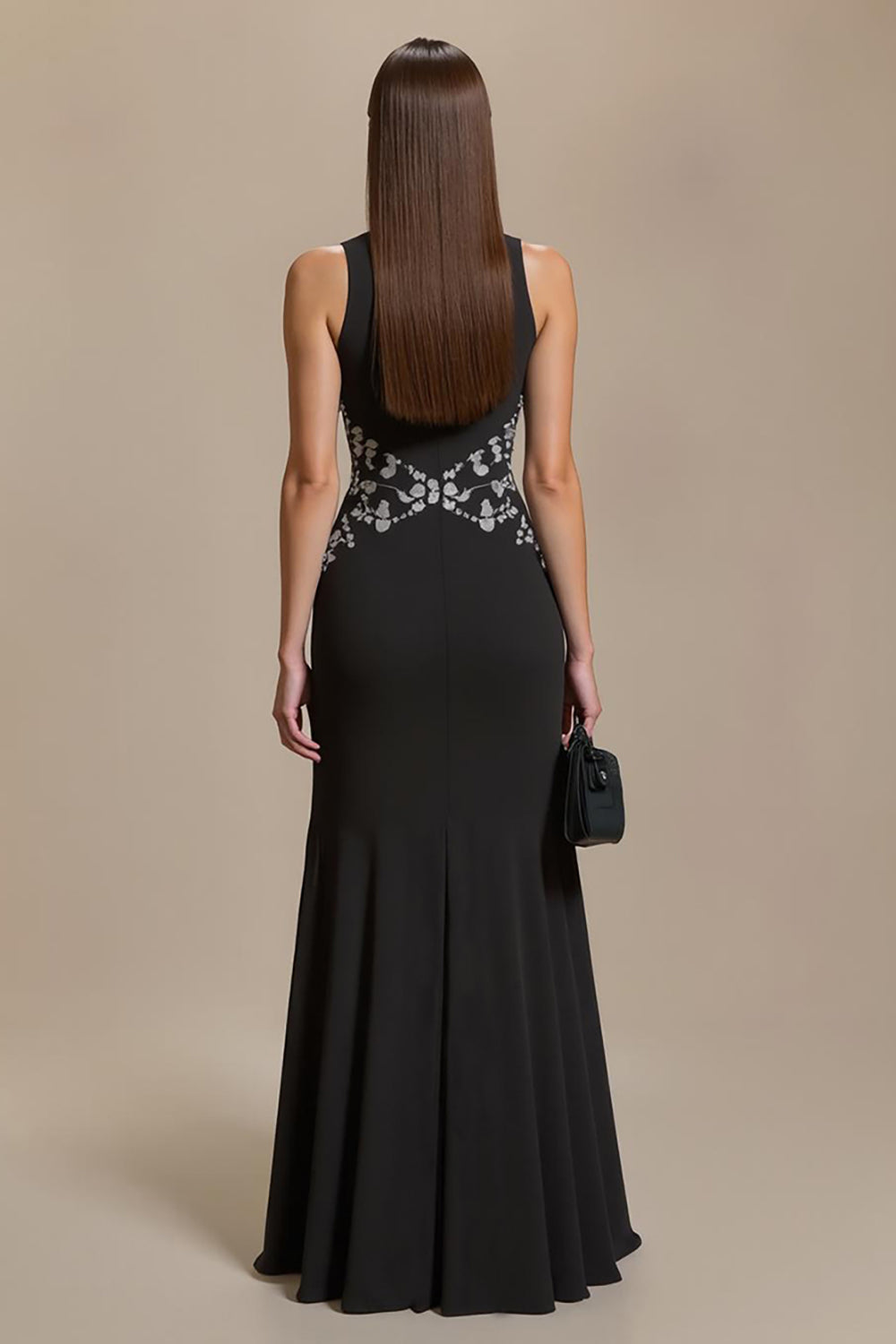 Black Round Neck Mermaid Long Appliqued Formal Dress