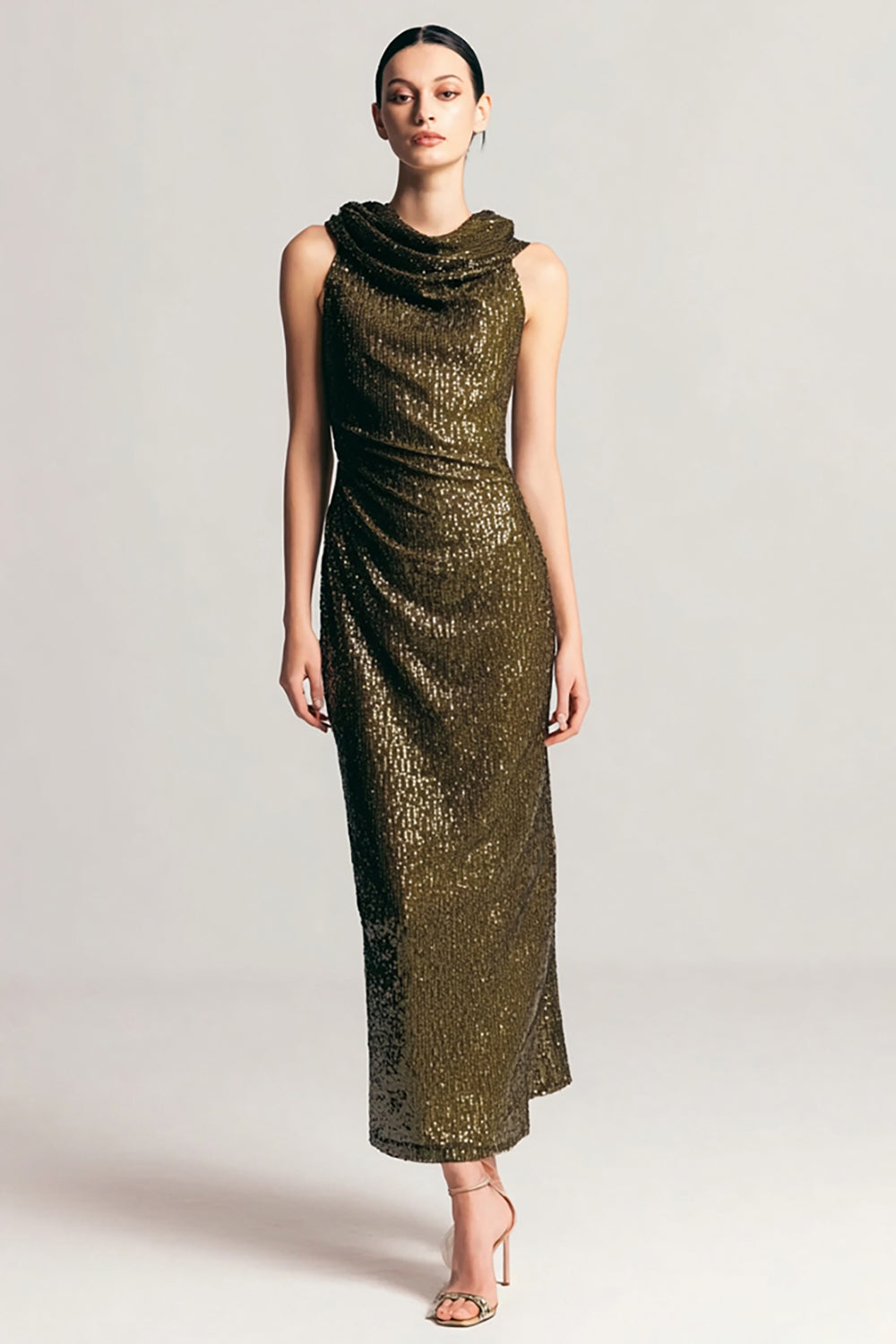 Leely Women Sparkly Olive Sequins Maxi Holiday Party Dress Cowl Neck Sheath Ruched Formal Dress