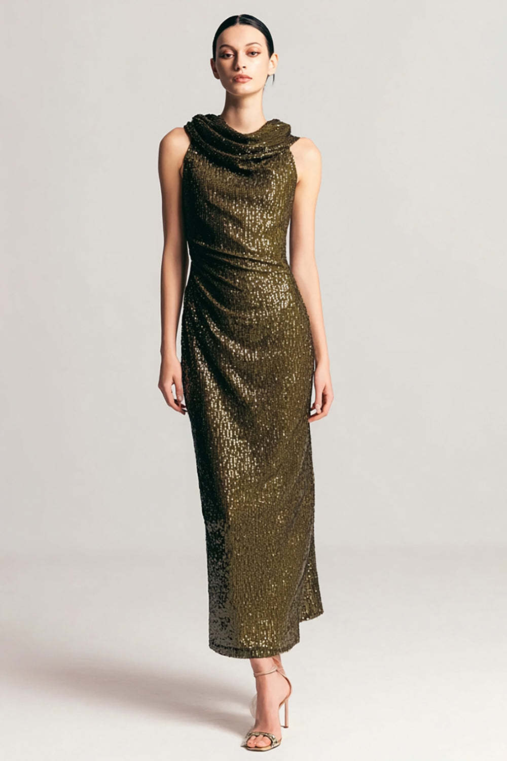 Leely Women Sparkly Olive Sequins Maxi Holiday Party Dress Cowl Neck Sheath Ruched Formal Dress