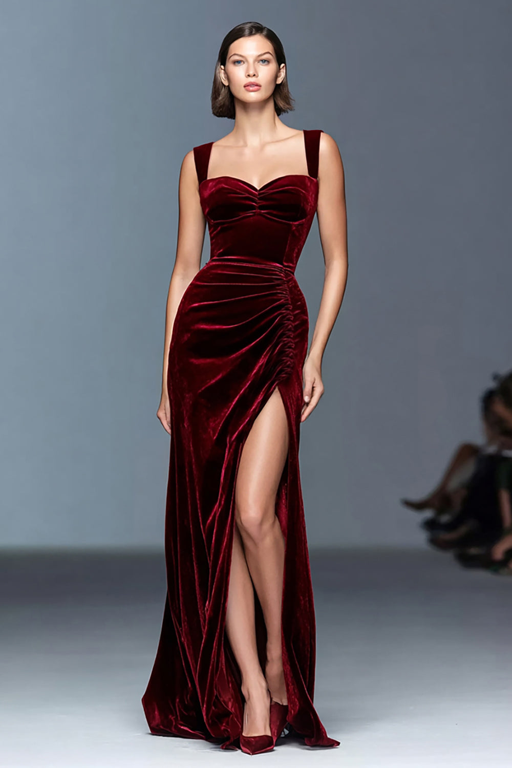 Maxi Burgundy Velvet Ruched Sheath Holiday Party Dress with Slit