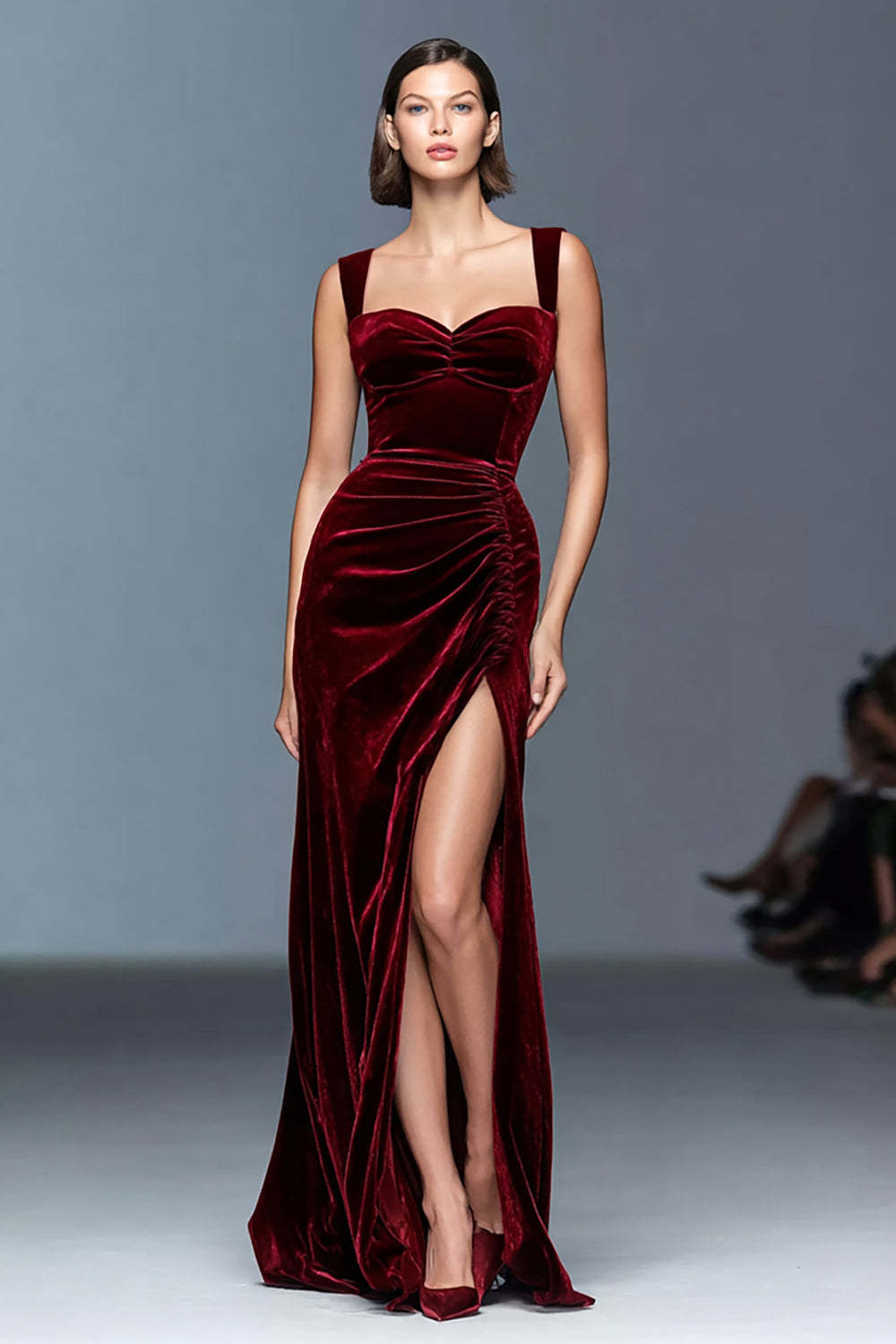 Maxi Burgundy Velvet Ruched Sheath Holiday Party Dress with Slit