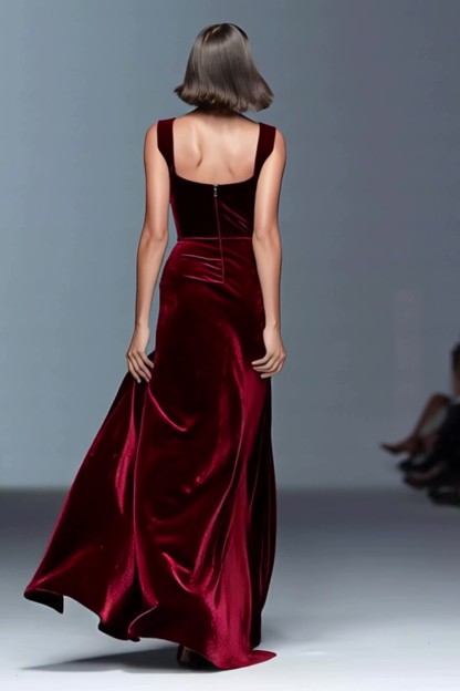 Maxi Burgundy Velvet Ruched Sheath Holiday Party Dress with Slit