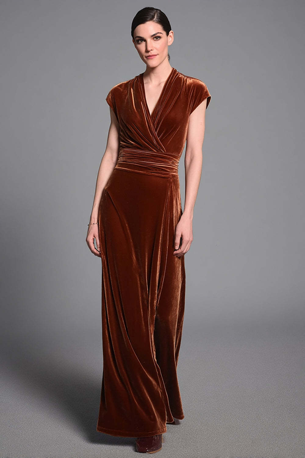 Leely Women Caramel Velvet Maxi Holiday Party Dress Ruched Sheath V-Neck Cap Sleeves Formal Dress