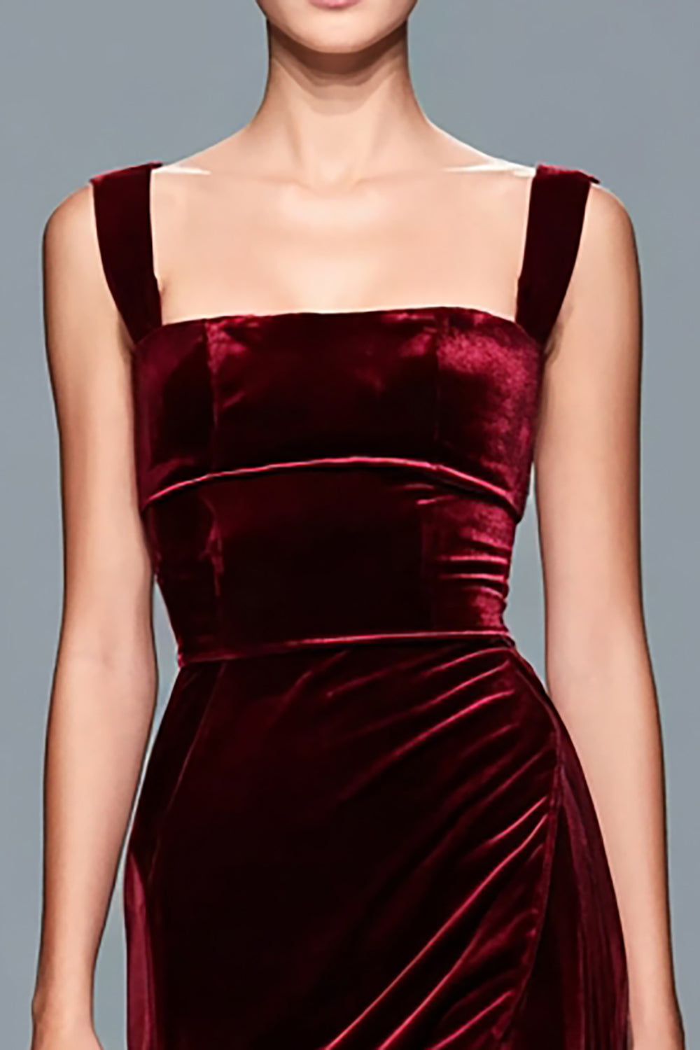 Burgundy Sheath Square Neck Velvet Maxi Holiday Party Dress with Slit