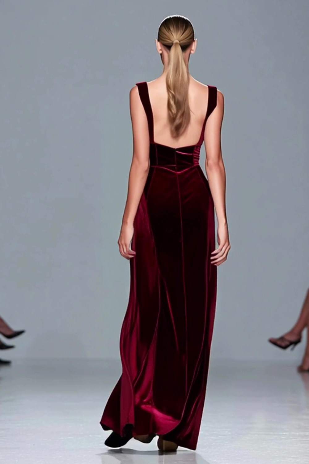 Burgundy Sheath Square Neck Velvet Maxi Holiday Party Dress with Slit