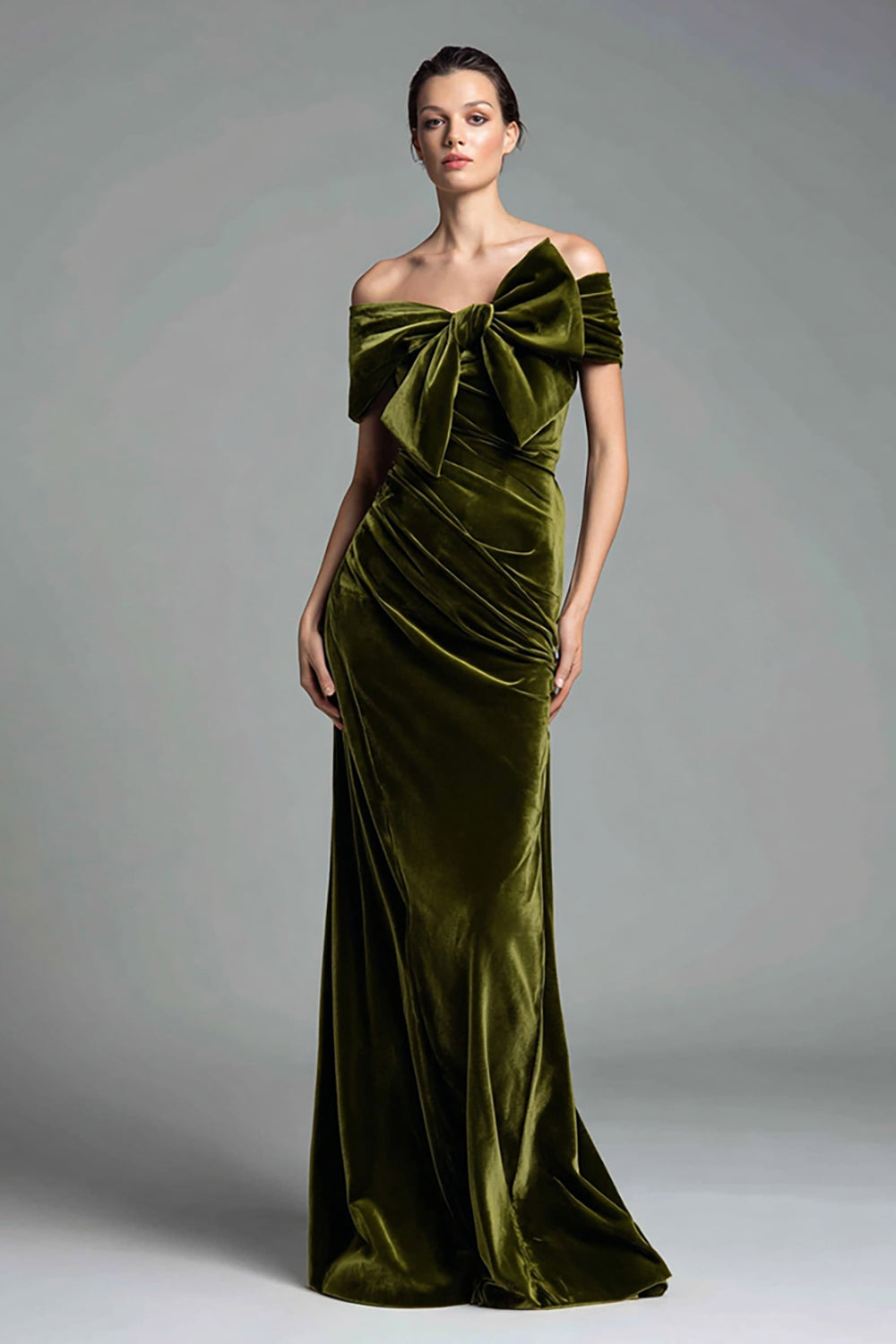 Olive Velvet Ruched Sheath Maxi Holiday Party Dress with Bow
