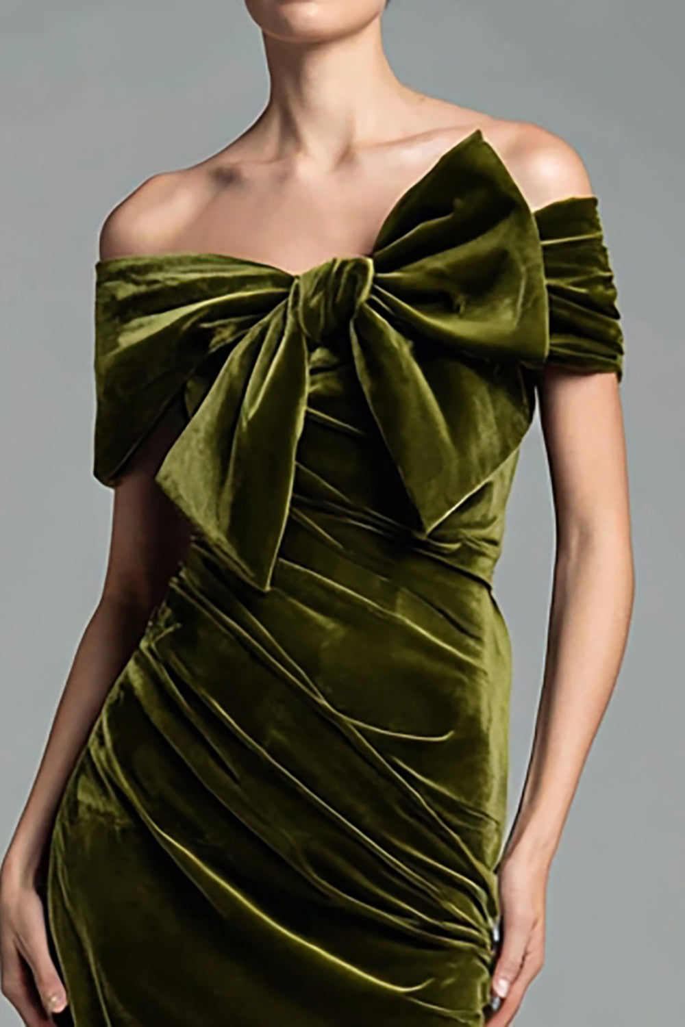 Olive Velvet Ruched Sheath Maxi Holiday Party Dress with Bow
