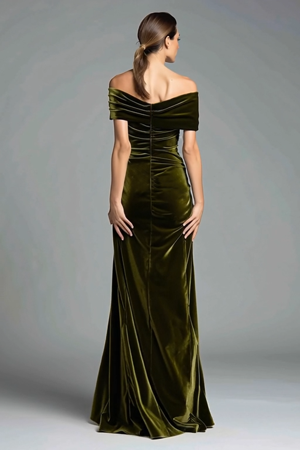 Olive Velvet Ruched Sheath Maxi Holiday Party Dress with Bow