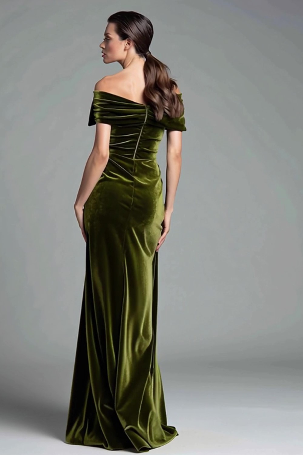 Olive Velvet Ruched Sheath Maxi Holiday Party Dress with Bow