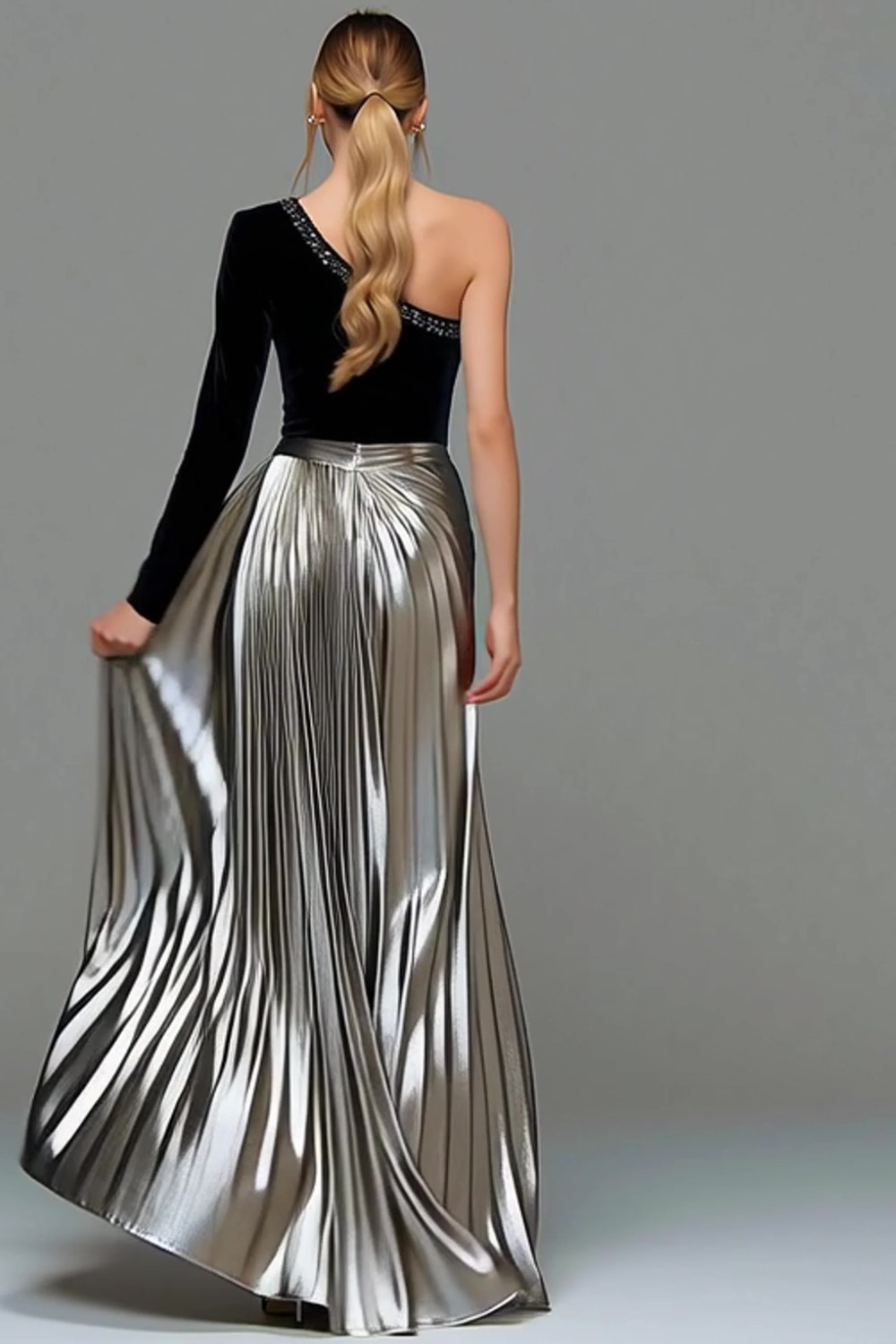 Metallic Black and Grey One Shoulder Velvet Long Holiday Party Dress