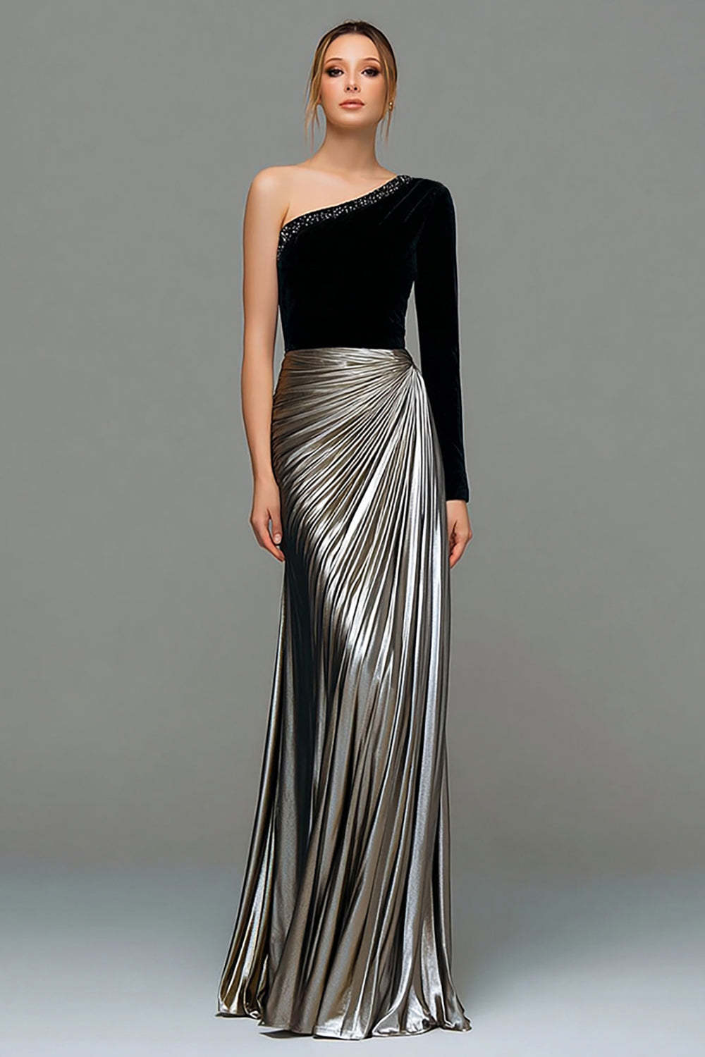 Metallic Black and Grey One Shoulder Velvet Long Holiday Party Dress