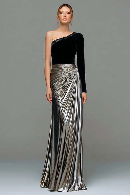 Metallic Black and Grey One Shoulder Velvet Long Holiday Party Dress