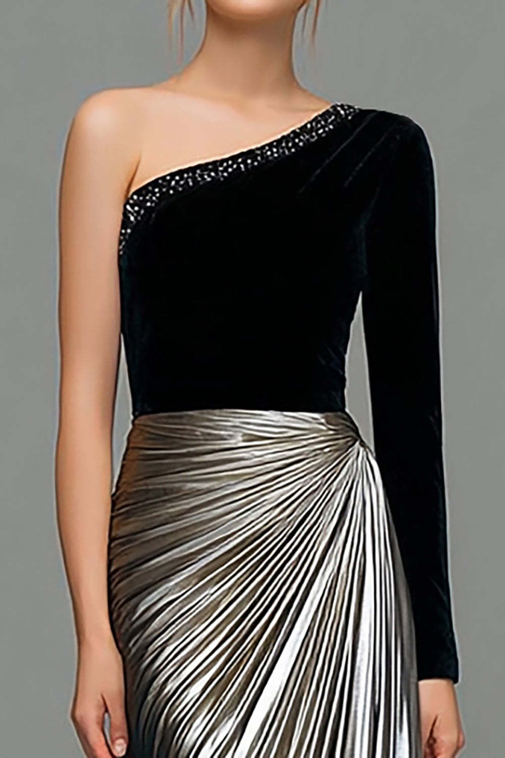 Metallic Black and Grey One Shoulder Velvet Long Holiday Party Dress