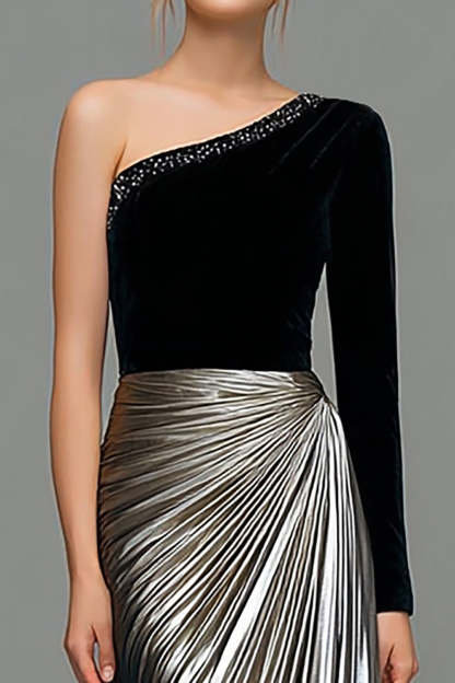 Metallic Black and Grey One Shoulder Velvet Long Holiday Party Dress