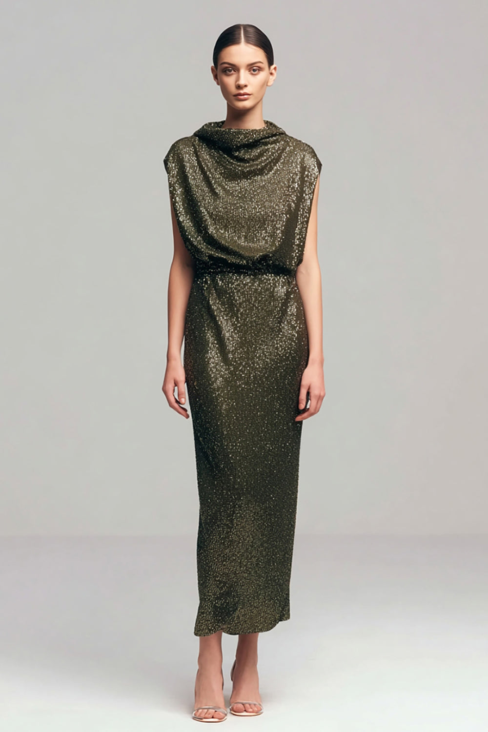 Sparkly Sequins Olive Cowl Neck Sheath Long Holiday Party Dress