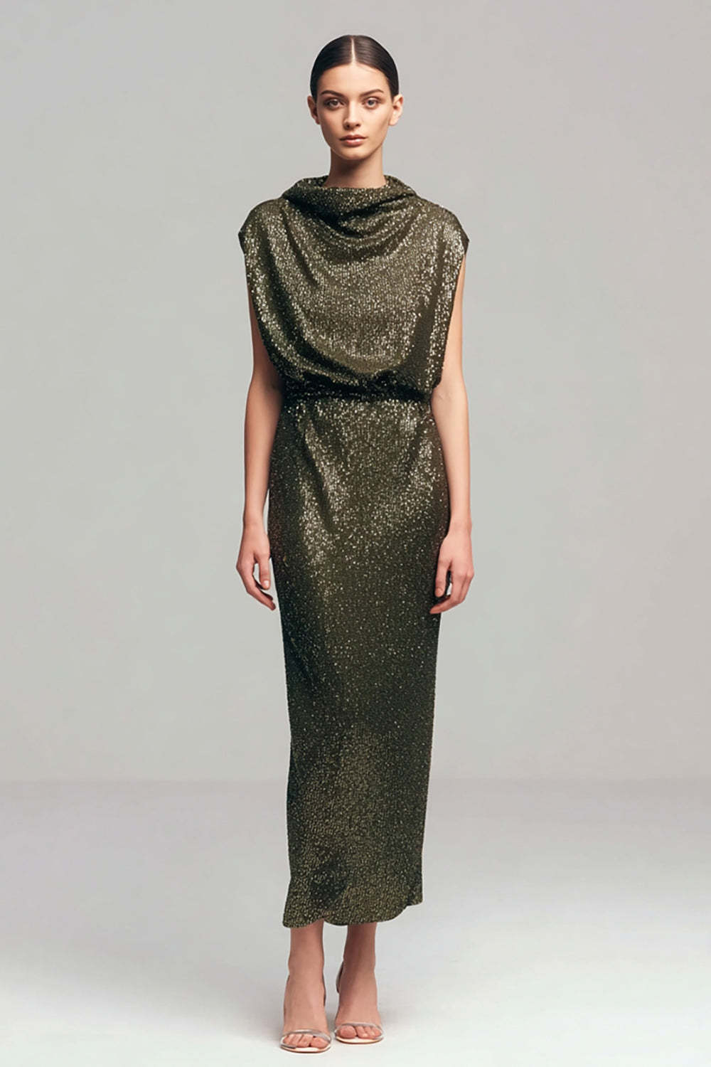 Leely Women Sparkly Olive Maxi Sequins Holiday Party Dress Cowl Neck Sheath Party Dress