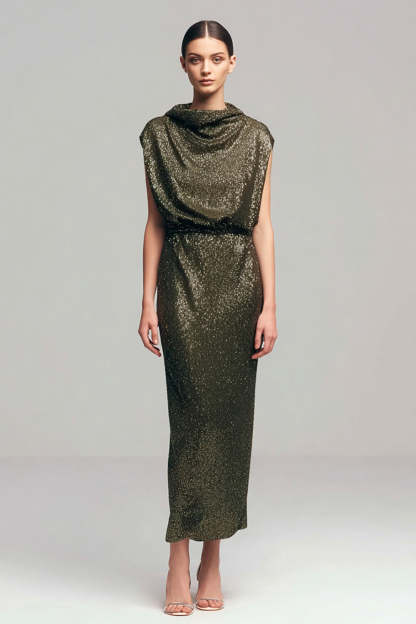 Leely Women Sparkly Olive Maxi Sequins Holiday Party Dress Cowl Neck Sheath Party Dress