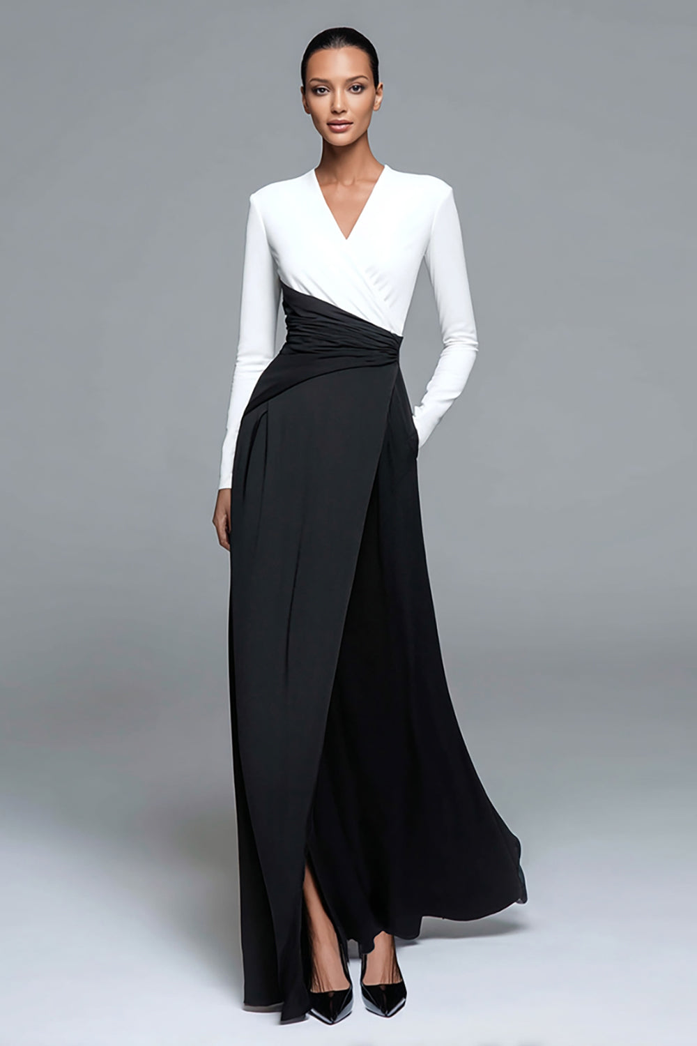 Black and White Patchwork Long Sleeves Formal Dress with Slit