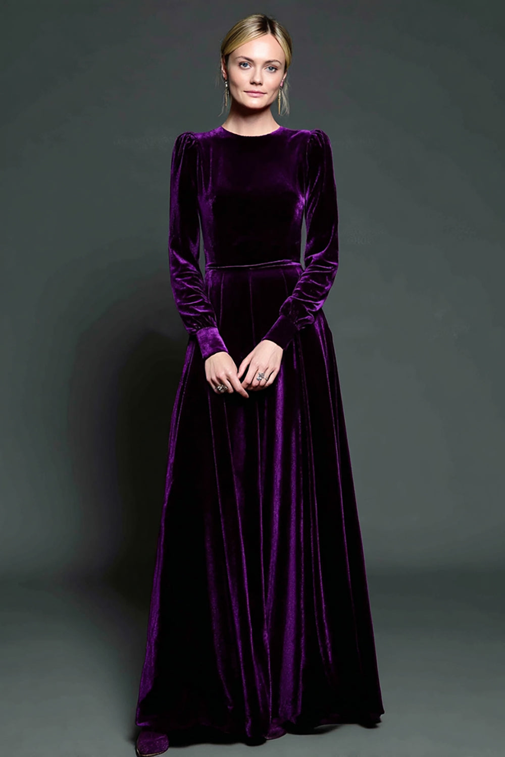 Dark Purple Velvet A Line Jewel Neck Long Holiday Party Dress with Sleeves