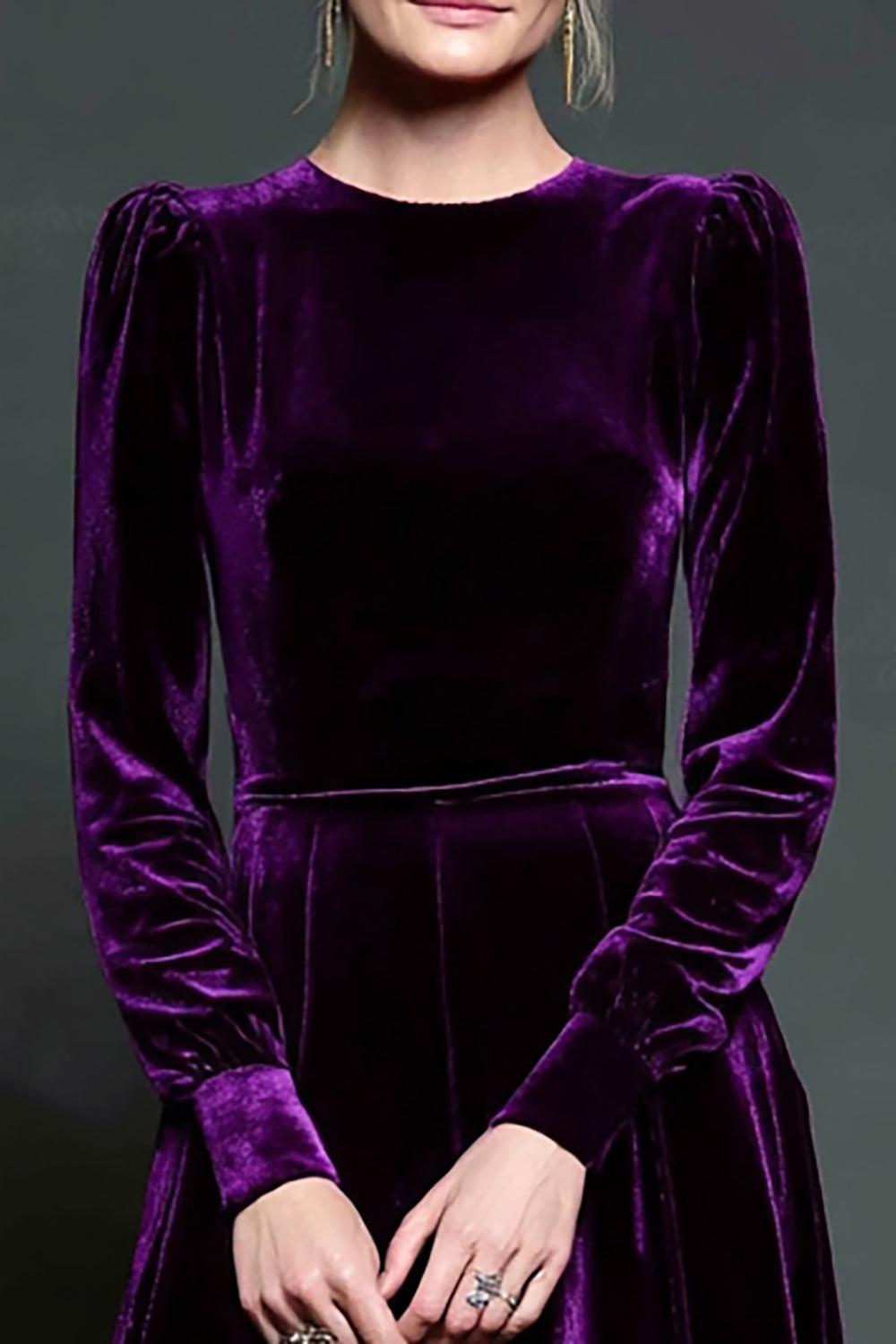 Dark Purple Velvet A Line Jewel Neck Long Holiday Party Dress with Sleeves