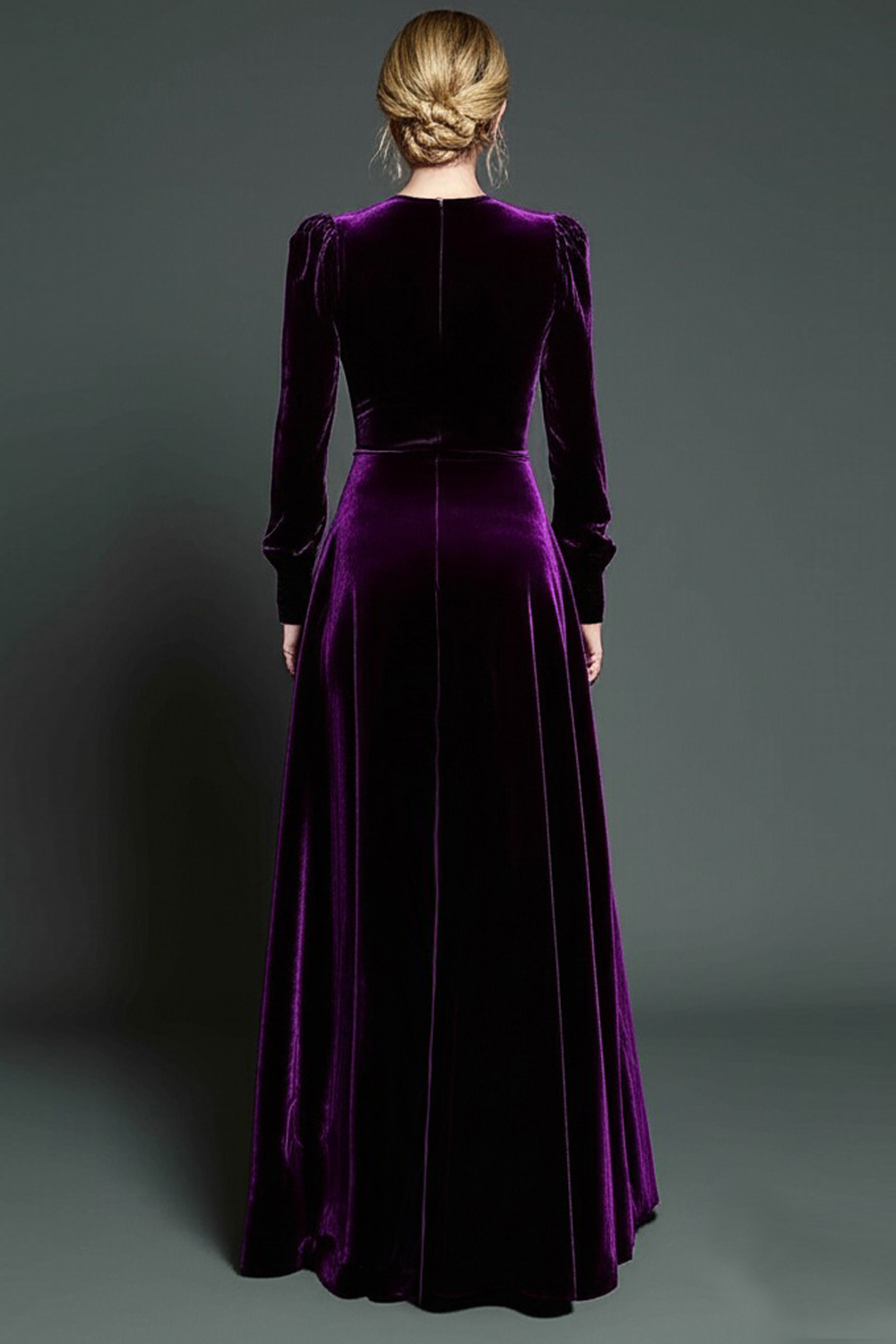 Dark Purple Velvet A Line Jewel Neck Long Holiday Party Dress with Sleeves