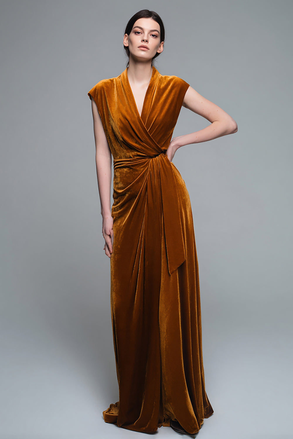 Caramel V-Neck Velvet Ruched Sheath Long Holiday Party Dress