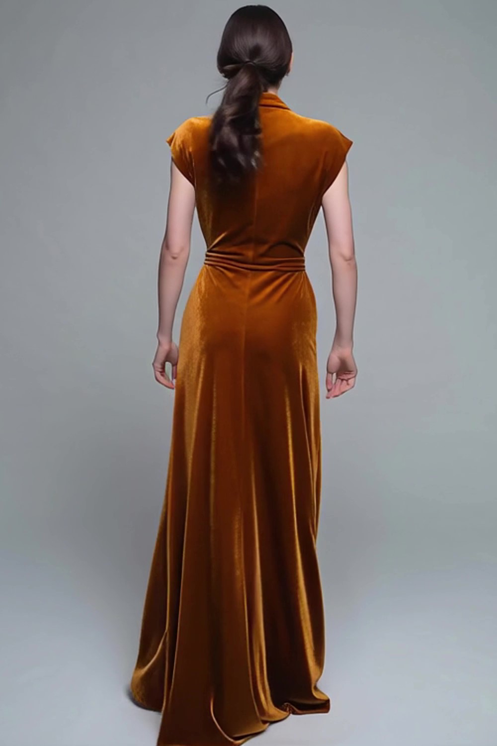 Caramel V-Neck Velvet Ruched Sheath Long Holiday Party Dress