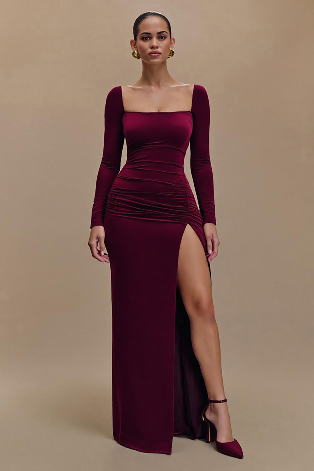 Leely Women Burgundy Satin Sheath Formal Dress Square Neck Long Sleeves Evening Dress with Slit