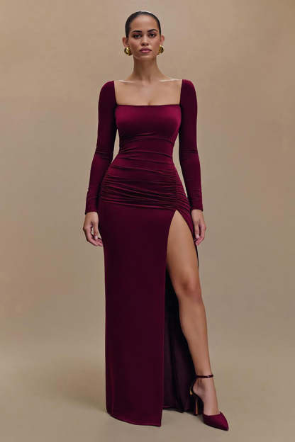 Leely Women Burgundy Satin Sheath Formal Dress Square Neck Long Sleeves Evening Dress with Slit