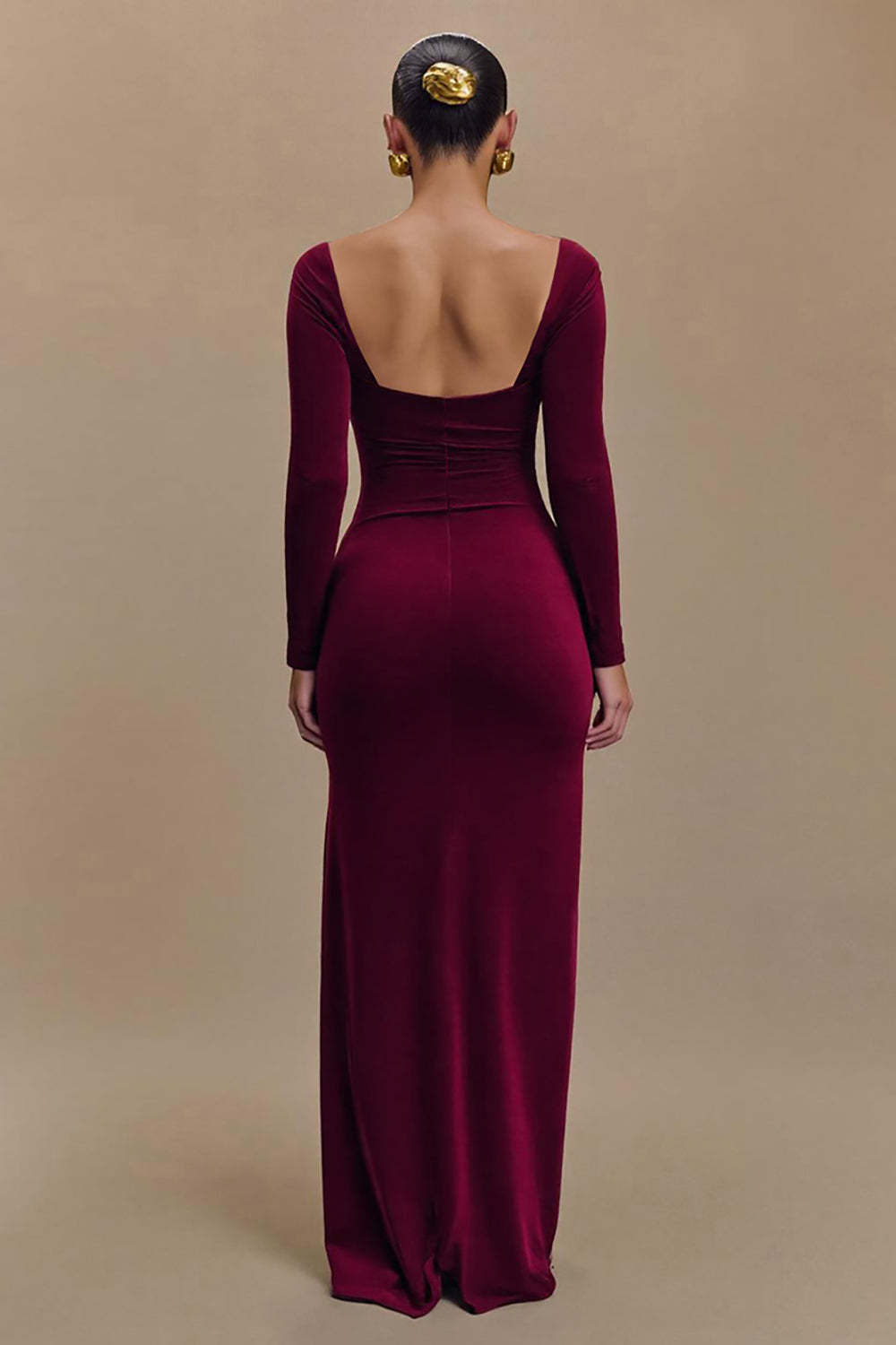 Burgundy Satin Square Neck Long Sleeves Sheath Formal Dress with Slit