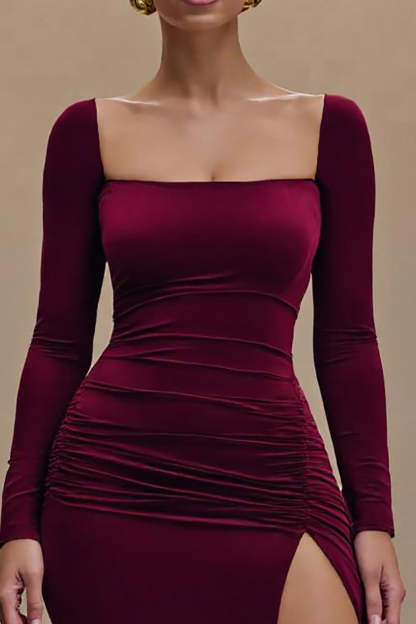 Burgundy Satin Square Neck Long Sleeves Sheath Formal Dress with Slit
